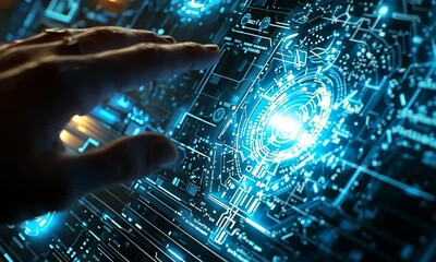 Poster - Hand Interacting with Glowing Blue Digital Interface