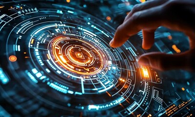 Poster - Hand Interacting with Glowing Circular Digital Interface