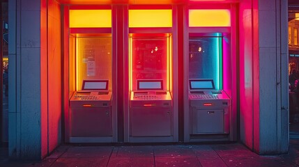 Neon Lit ATM Machines At Night In City Setting