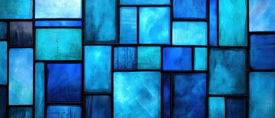 Poster - Abstract Composition of Blue and Turquoise Rectangles in a Modern Stained Glass Design