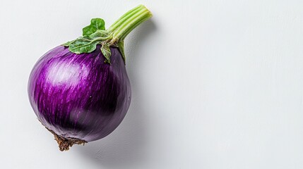 A vibrant purple eggplant resting on a clean white surface, featuring a fresh green stem, showcasing its natural beauty and culinary appeal.