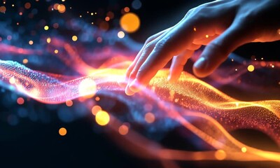 Poster - Hand Interacting with Luminous Blue and Orange Particle Wave
