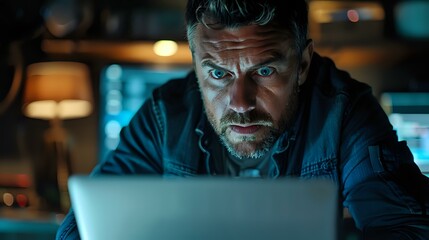 Poster - Intense middle-aged Caucasian man with stubble working late at laptop in dark room, illuminated by blue screen glow, creating dramatic cybersecurity atmosphere.