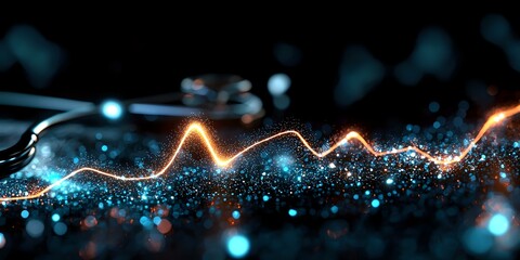Poster - Glowing orange wave line with blue particles and bokeh effects on dark background, abstract digital visualization for technology and science concepts.