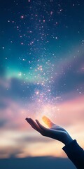 Poster - Magical glowing butterfly transforms into sparkling stardust rising into dreamy twilight sky as silhouetted hand reaches up during sunset.