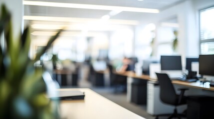Poster - Modern Office Space with Blurred Background and Greenery Elements