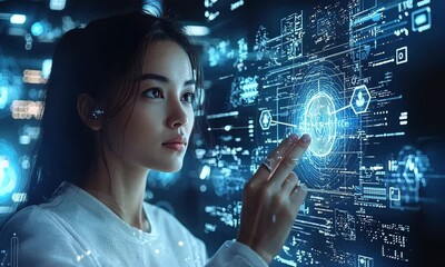 Poster - Woman Interacting With Futuristic Blue Digital Interface