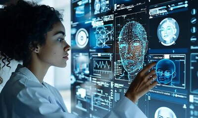 Poster - Woman Studying Facial Recognition Data on a Futuristic Digital Screen
