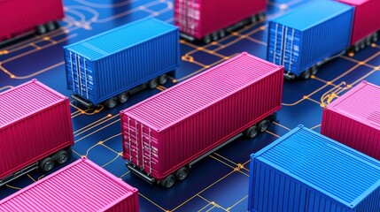 Poster - Aerial view of colorful model shipping containers on a grid background, showcasing logistics and transportation themes.