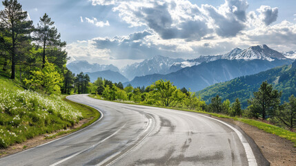 Wall Mural - winding road through lush green mountains under bright sky, showcasing nature beauty and tranquility. scene captures essence of peaceful journey in picturesque landscape