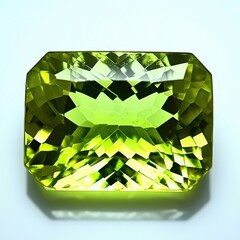 Poster - Close-up of a stunning, radiant-cut peridot gemstone with vibrant green hues and intricate facets, showcasing its brilliance and captivating beauty.