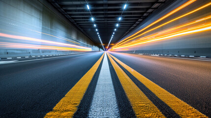 Poster - dynamic view of tunnel with light trails from vehicles, showcasing motion and speed. yellow and whit