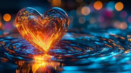 Poster - Glowing heart-shaped water splash with orange and blue reflections on rippled surface against blurred bokeh lights background creates romantic atmosphere.