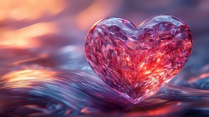 Poster - Crystal heart glowing with red light floating above rippling water surface against sunset sky background, romantic magical atmosphere.