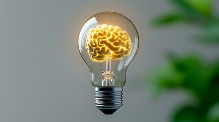 Poster - Glowing brain-shaped filament inside light bulb against blurred green background symbolizes creative thinking, innovation and bright ideas.