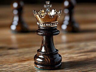 Black chess king piece with golden crown on wooden board, dramatic lighting highlights royal game piece against blurred background. Strategic leadership concept.