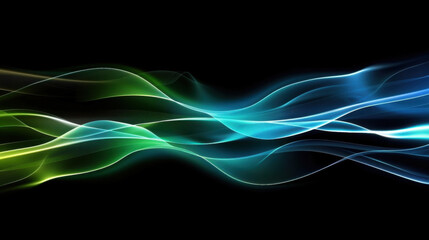 Poster - Abstract flowing waves in green and blue colors on black background create sense of movement and energy, perfect for modern design projects
