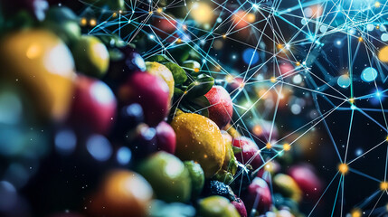 Global communication network set against fruit and vegetable market background. Interconnected business, human resources collaboration, teamwork, web, connection, food industry