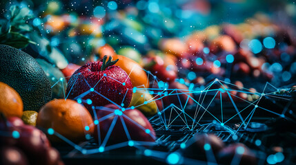 Global communication network set against fruit and vegetable market background. Interconnected business, human resources collaboration, teamwork, web, connection, food industry