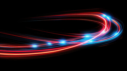 Poster - Bright light trails in red and blue create dynamic motion effect against black background, evoking sense of speed and energy