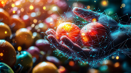 Global communication network set against fruit and vegetable market background. Interconnected business, human resources collaboration, teamwork, web, connection, food industry