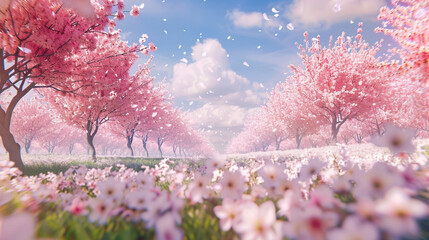 Wall Mural - A sweeping view of a nostalgic orchard in full bloom, with rows of trees covered in pink and white flowers under a brilliant blue sky.