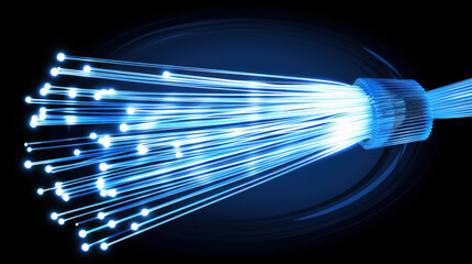 Poster - Futuristic fiber optic cables emitting bright blue light, symbolizing high speed data transmission and technology