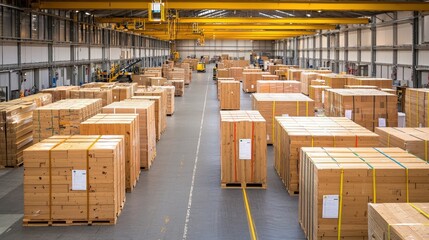 Poster - A spacious warehouse filled with neatly stacked wooden pallets, showcasing an organized inventory ready for distribution.