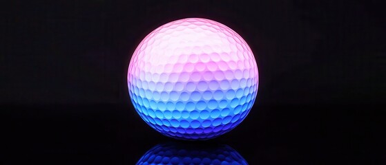 Poster - Glowing golf ball with a gradient of pink and blue colors on a dark background.