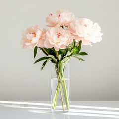 Wall Mural - Soft pink peonies elegantly arranged in a clear vase on a minimalist table in natural light