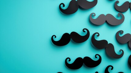 Poster - black paper mustaches on a vibrant blue background create a playful visual.