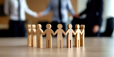 Poster - Wooden figures holding hands symbolizing teamwork and unity in a collaborative environment.
