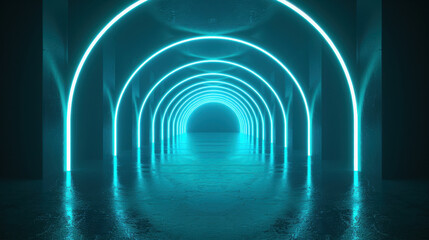 Poster - futuristic corridor with glowing blue arches creates mesmerizing atmosphere. reflective floor enhanc