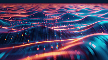 Poster - abstract digital waves with glowing lines and particles create vibrant, futuristic landscape. interp