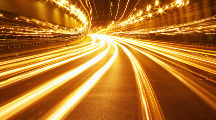 Poster - long exposure of light trails on highway, creating dynamic motion and energy. bright golden lights c