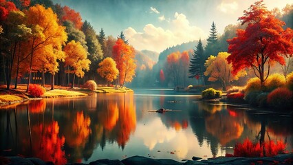 Wall Mural - Vintage Autumn Lake Landscape: Golden Trees Reflecting in Calm Water