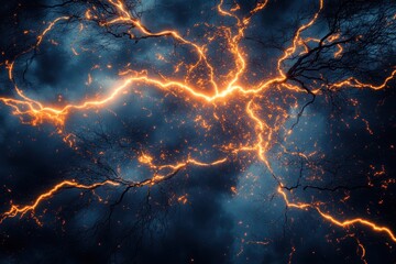 Poster - close up shot of lightning bolts striking on branches of trees forming beautiful patterns at nightti
