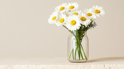 Wall Mural - Daisy bouquet in a glass vase on wooden table against a neutral background