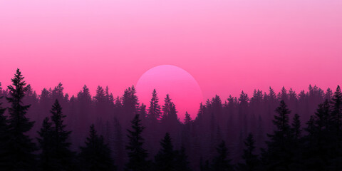 Wall Mural - Pink Sunset over Coniferous Forest Silhouette