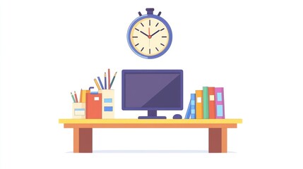 Poster - Office Desk with Computer, Clock, and Supplies