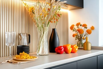 Wall Mural - Bright kitchen scene featuring vibrant peppers, elegant vases, and a modern design aesthetic creating a warm inviting atmosphere