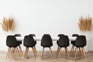 Poster - Minimalist meeting room interior with black chairs white table and pampas grass creating a serene and modern workspace for collaboration and focus