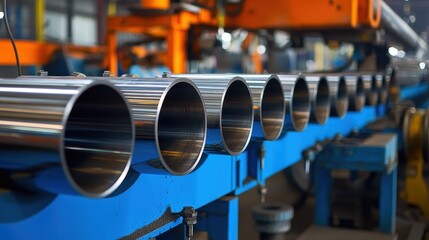 Poster - Precision Arrangement of Steel Pipes in Industrial Setting Reflecting Modern Manufacturing and Engineering Excellence with Sharp Focus and Vibrant Colors