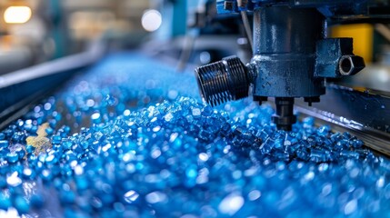 Fototapete - Large machine operates in a factory, producing and processing vibrant blue plastic pellets as part of a manufacturing process under bright industrial lights.