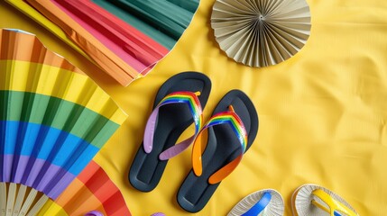 Wall Mural - Vibrant Rainbow Flip Flops and Colorful Accessories on Yellow Background for Summer Fun and Celebrations