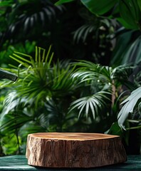 wooden tree stump podium with tropical green foliage, natural product display background, vertical
