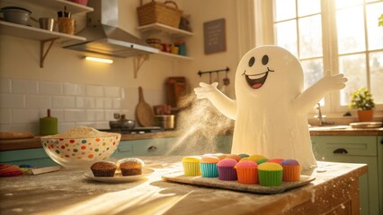 Sticker - Cheerful Ghost Baking in a Sunny Kitchen