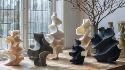 Leinwandbilder - Five sculptural vases in various shapes and colors are arranged on a light wooden table. Natural light floods in from the large window, highlighting their unique forms and details.