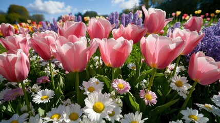 Wall Mural - Vibrant spring garden filled with pink tulips and white daisies under a clear blue sky