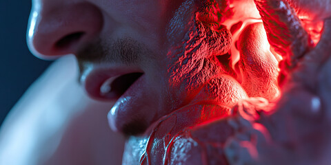 Wall Mural - Close-up of Man's Face with Textured Skin and Red Illumination